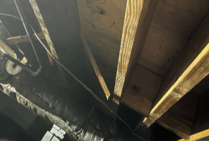 Visible wood damage in crawl space, showing rotten floor joists and a moisture-prone environment.