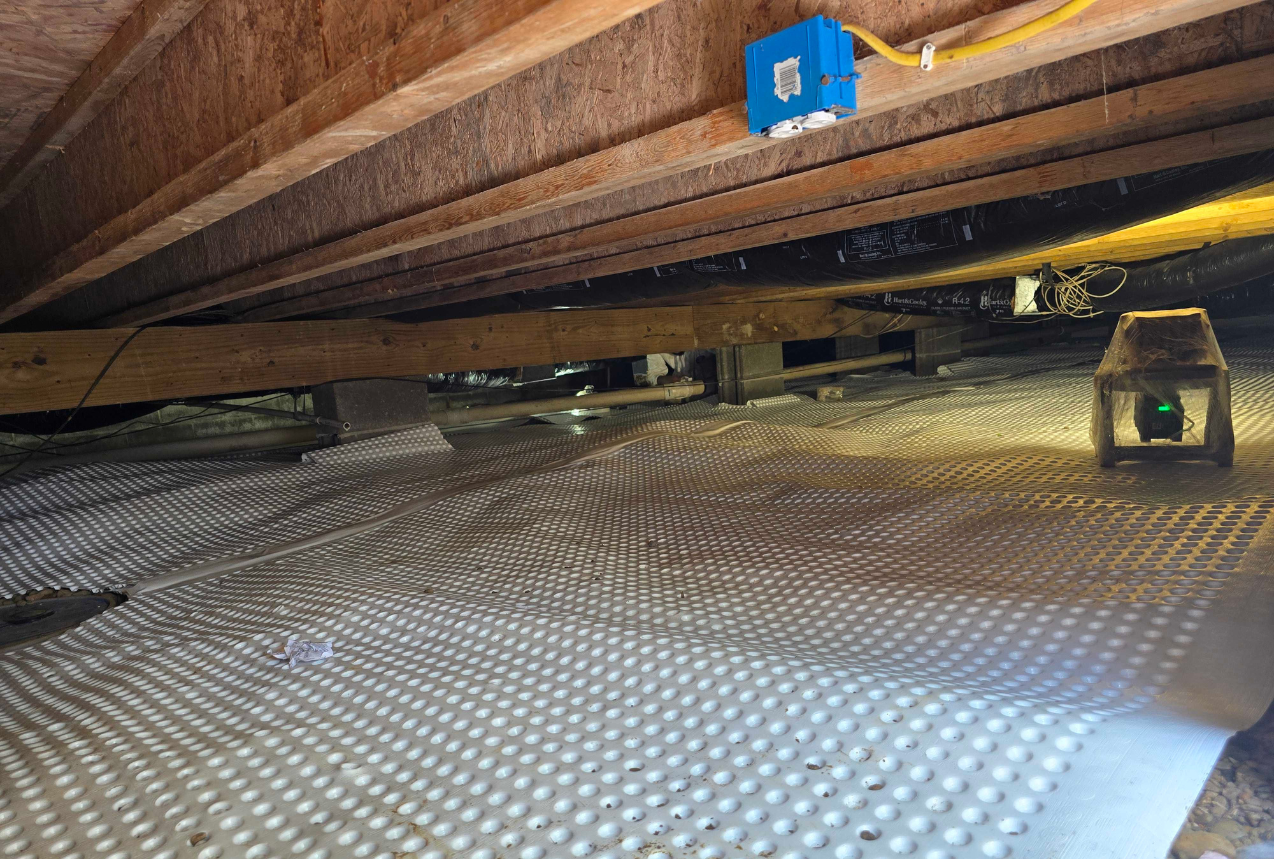 A professionally encapsulated crawl space with a dehumidifier, preventing wood damage in crawl space.