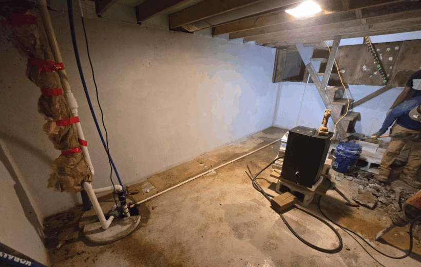 Water stains and small trench in a basement with cracked concrete on the floor, showing moisture issues.