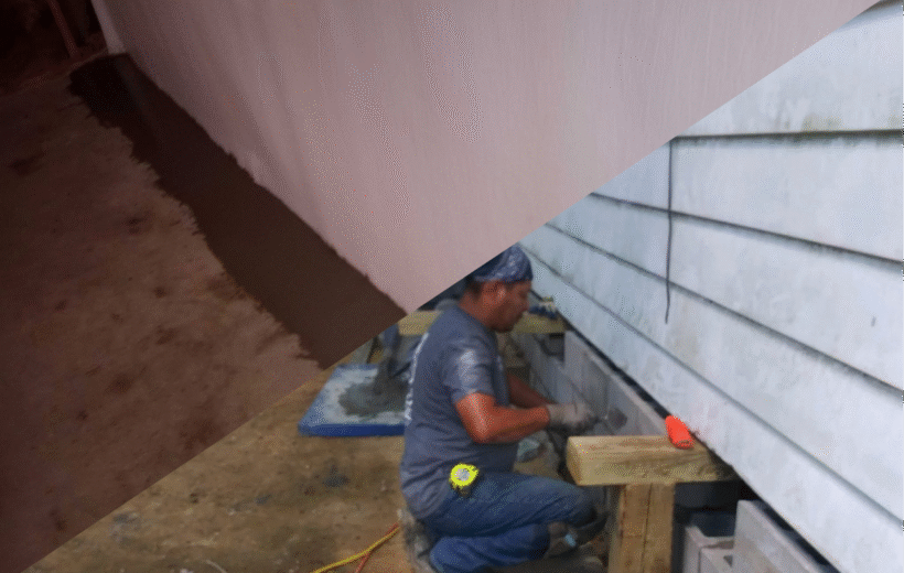 A split-screen comparison image. The left side shows a waterproofing issue, featuring a dark, wet puddle seeping across a basement floor along the base of a white wall. The right side shows foundation repair, featuring a worker in a bandana kneeling outside a house, using a trowel to apply mortar to a concrete block foundation beneath light-colored siding.