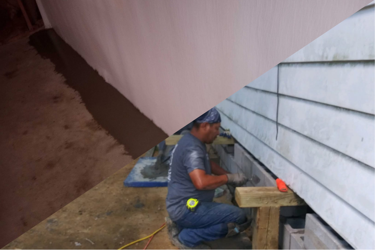 A split-screen comparison image. The left side shows a waterproofing issue, featuring a dark, wet puddle seeping across a basement floor along the base of a white wall. The right side shows foundation repair, featuring a worker in a bandana kneeling outside a house, using a trowel to apply mortar to a concrete block foundation beneath light-colored siding.